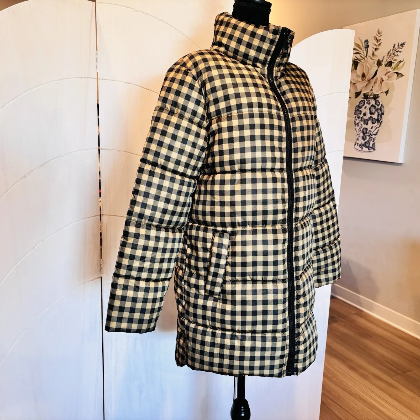 Rebecca Minkoff Puffer Coat Jacket Yellow Black Gingham Buffalo Plaid size Small - Image 4