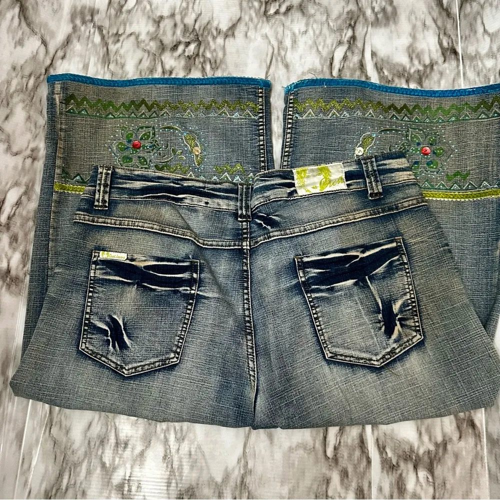 Crest Wide Leg Embellished Cropped Women’s Sz 19/20 Boho Artsy Whimsical Denim Blue - Image 6