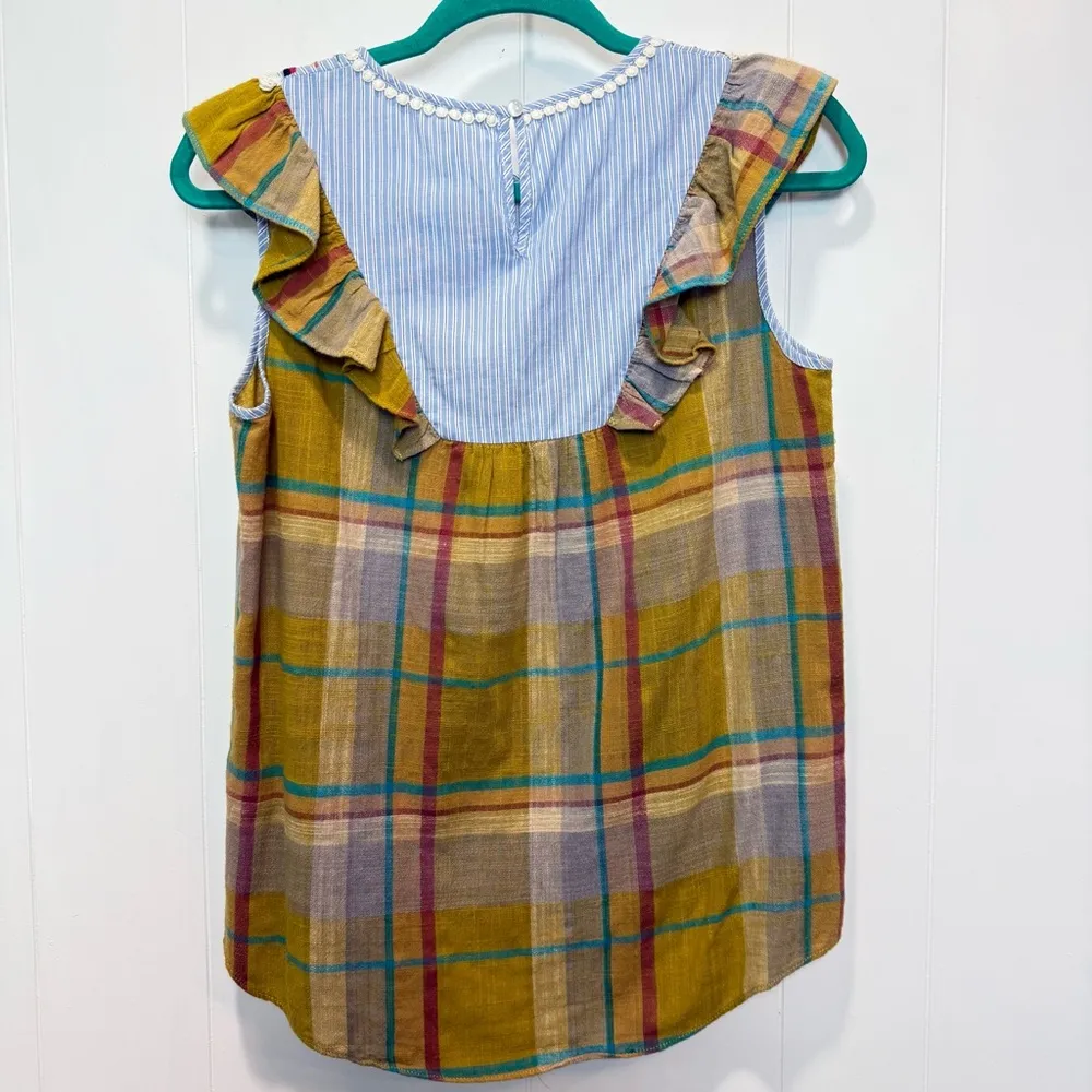 THML Spring Plaid Embroidered Ruffle High Low Keyhole Back Blouse Size Small - Image 4