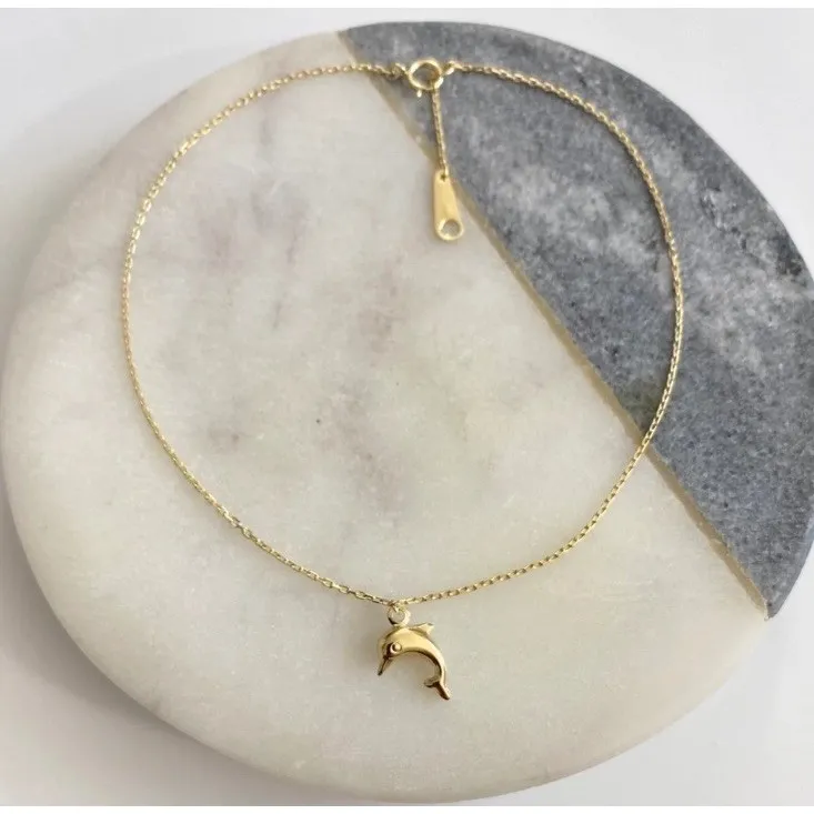 10K Solid Yellow Gold Dolphin Anklet Bracelet - Image 5