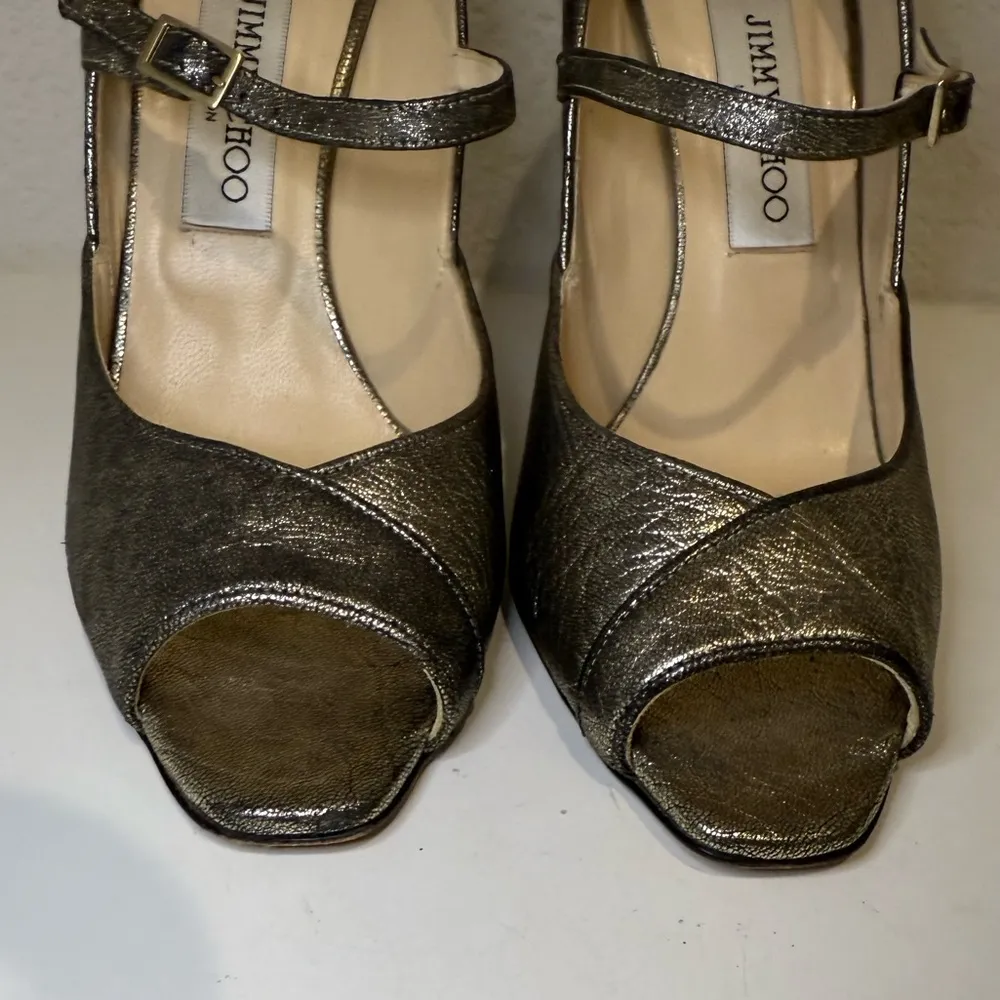 Jimmy Choo Crinkle Metallic Gunmetal Silver Sexy Mary Jane Peep Toe Heels EU 40 - Image 3