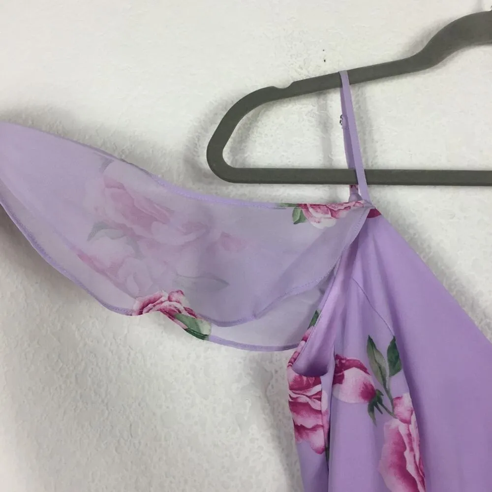 Lulus Take You There Purple Floral Print Off Shoulder Chiffon Maxi Dress Small - Image 6
