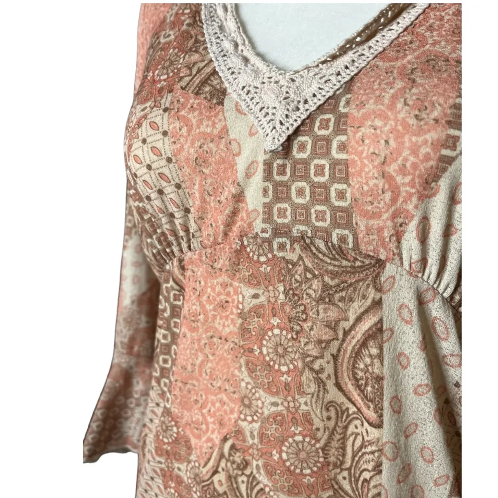 Hippie Paisley Vintage Y2k 90’s boho patchwork top stretch bell sleeve Small Orange - Image 3