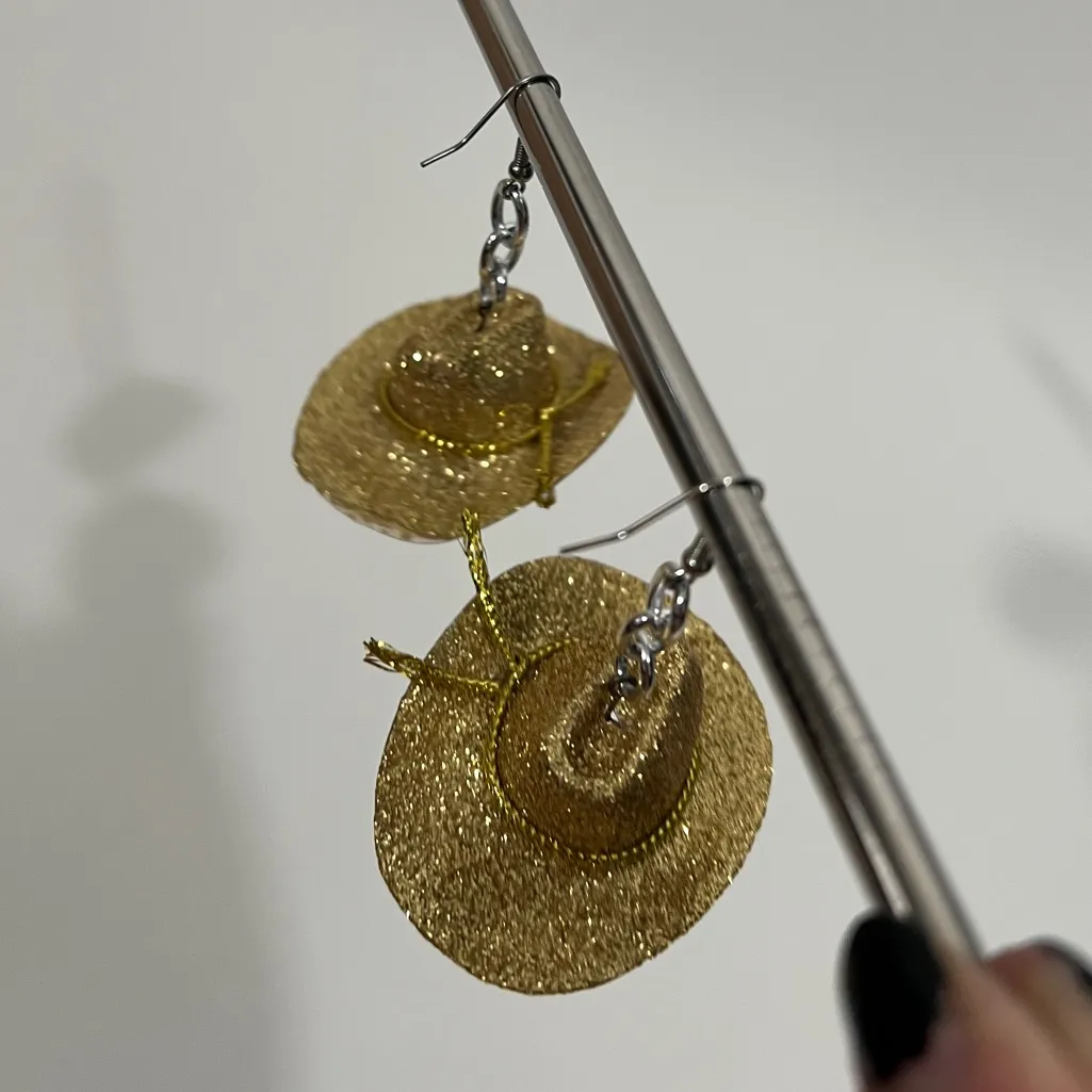 Golden Glitter Cowboy Hat Earrings Gold - Image 3
