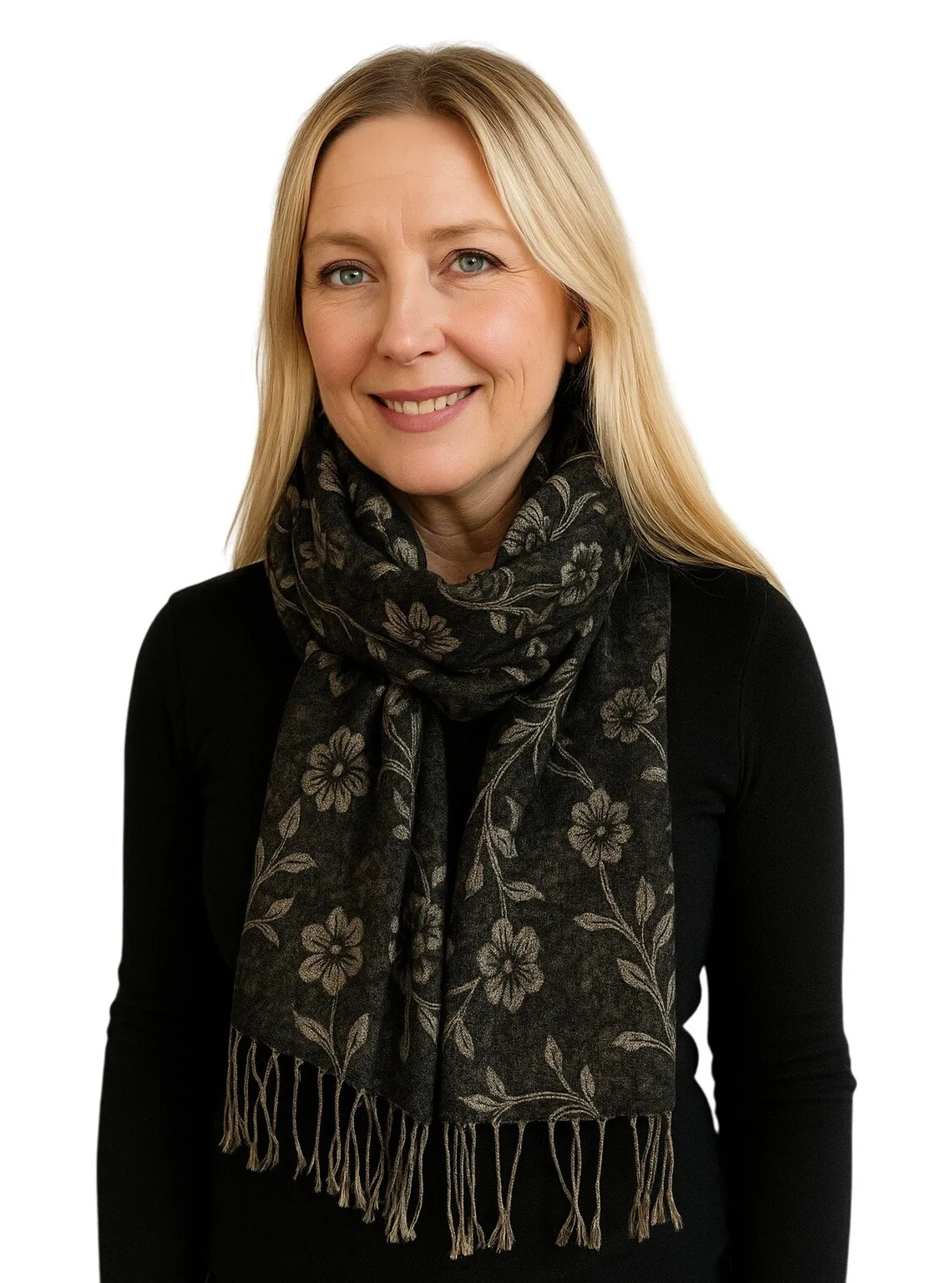 Soft Pashmina Shawl Scarf Black Beige Floral Wrap Lightweight Elegant Gift - Image 1