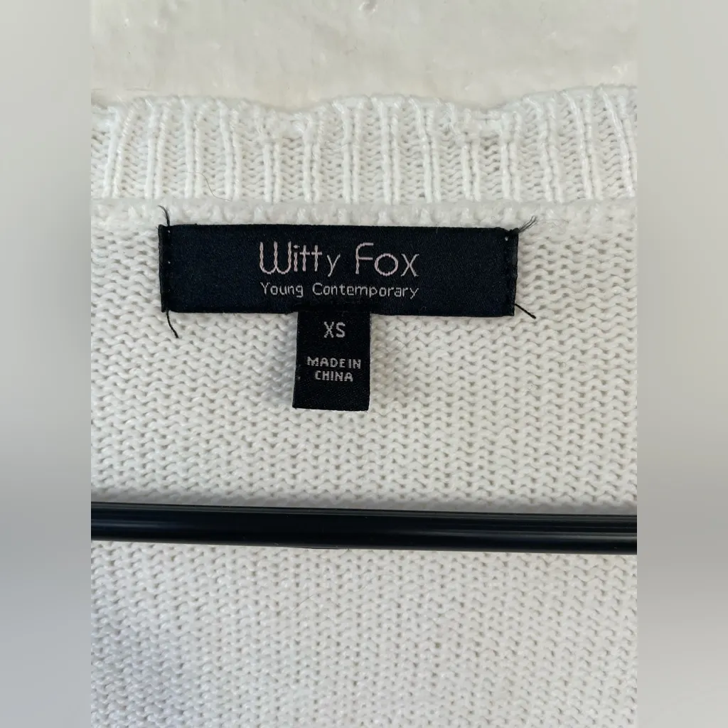 Witty Fox Womens White Scalloped Edge Cardigan Sweater Cropped Flowers; size XS - Image 4