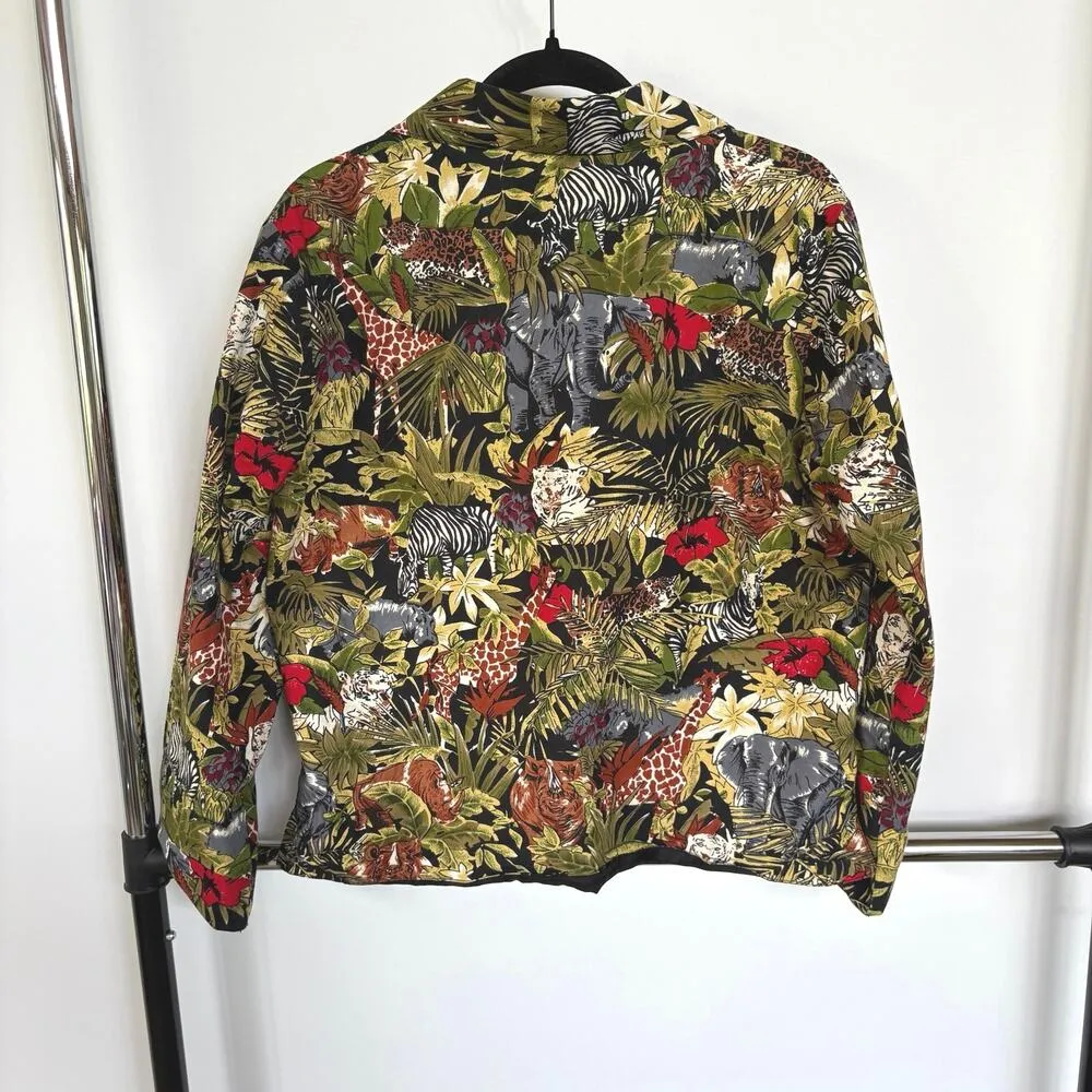 Vtg Animal Safari Colorful Maximalist Jacket Boxy Cotton Blazer Jungle Medium Green - Image 3