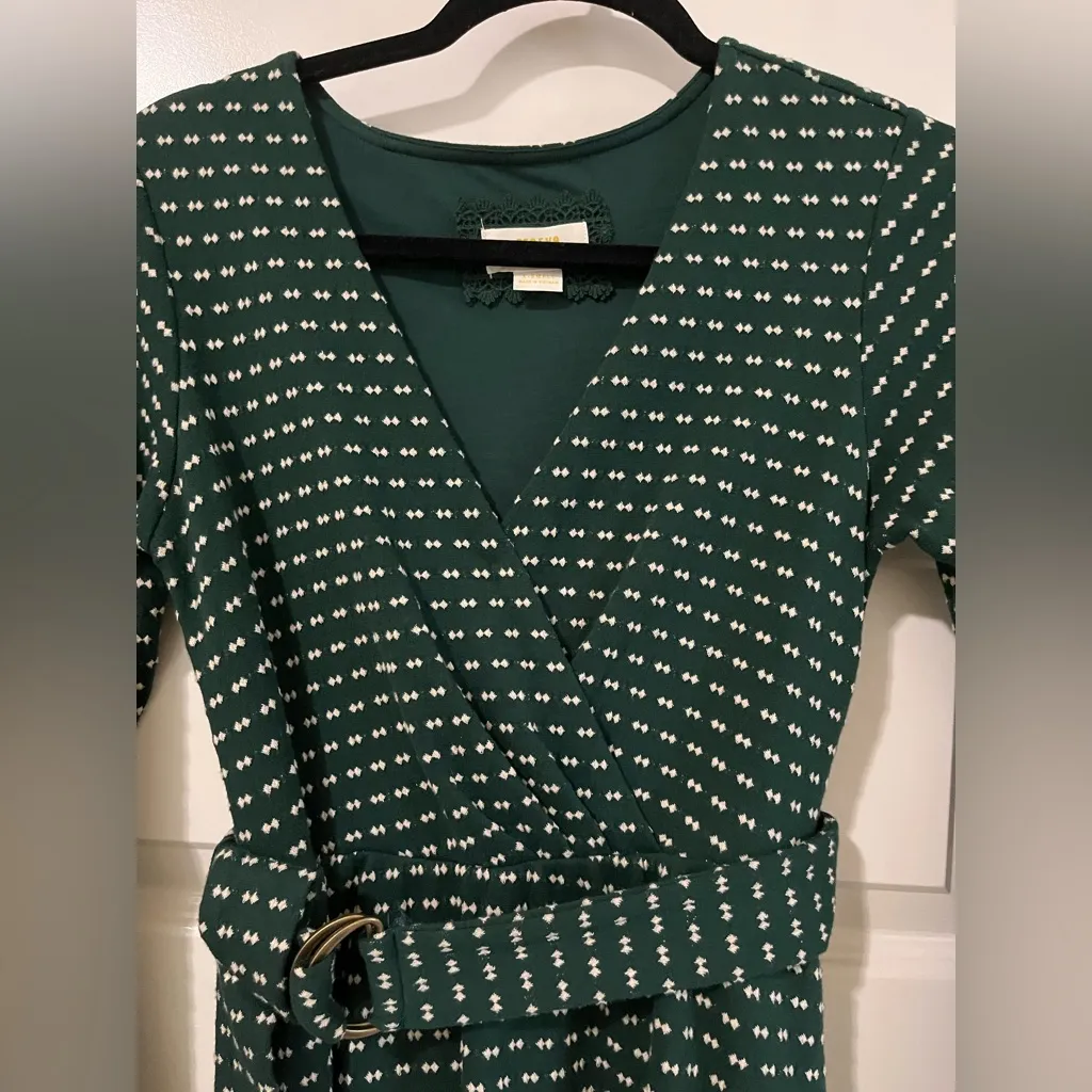 Maeve Anthropologie Dark Green Patterned Long Sleeve Belted Dress Sz XS - Image 3