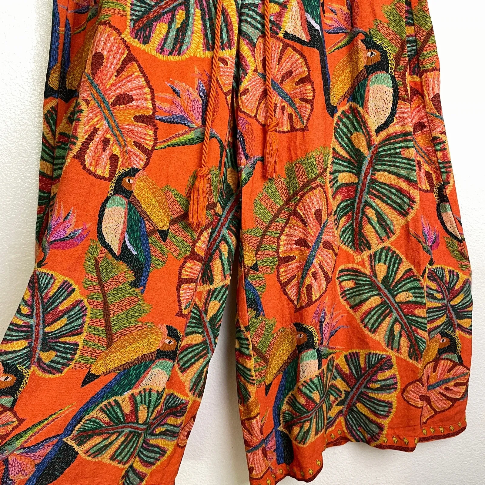Farm Rio Birdie Wide Leg Pants Womens Medium Orange Tropical Birds Relaxed - Image 4