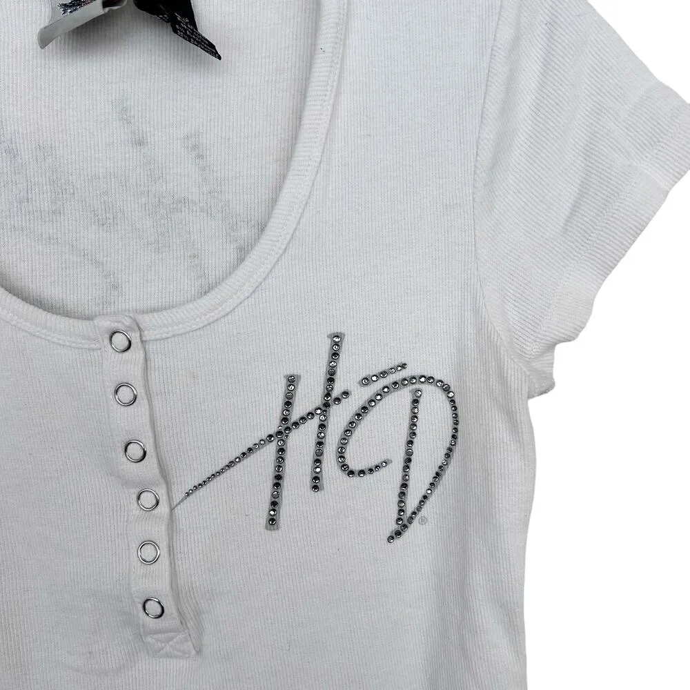 Harley Davidson White Ribbed Henley T Shirt Sz L Size L - Image 4