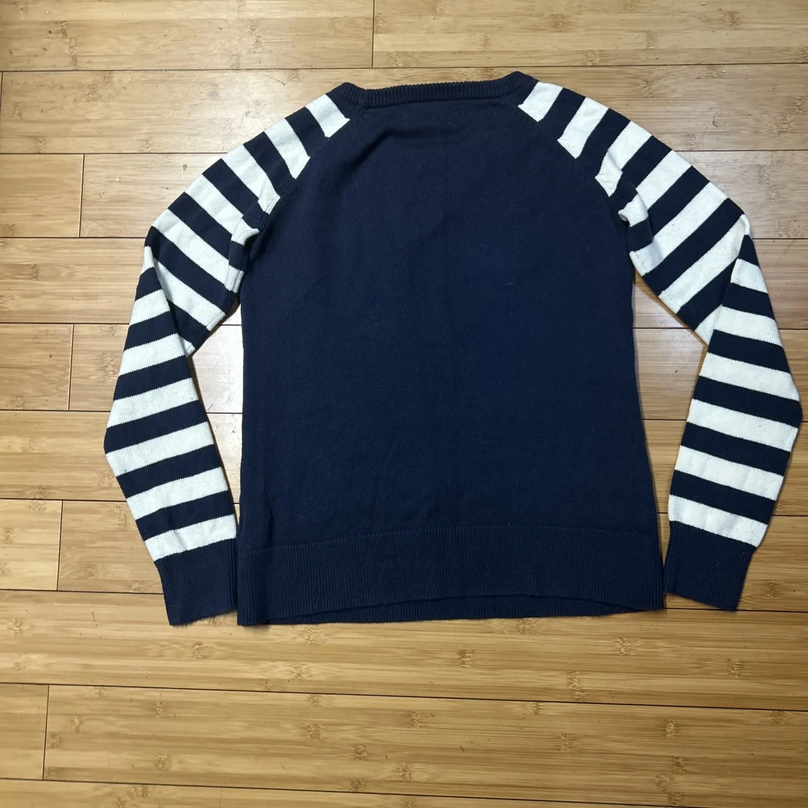 Love Hanna Women S Navy Floral Stripe Sweater Crewneck Knit Pullover Cotton Wool Blue - Image 5