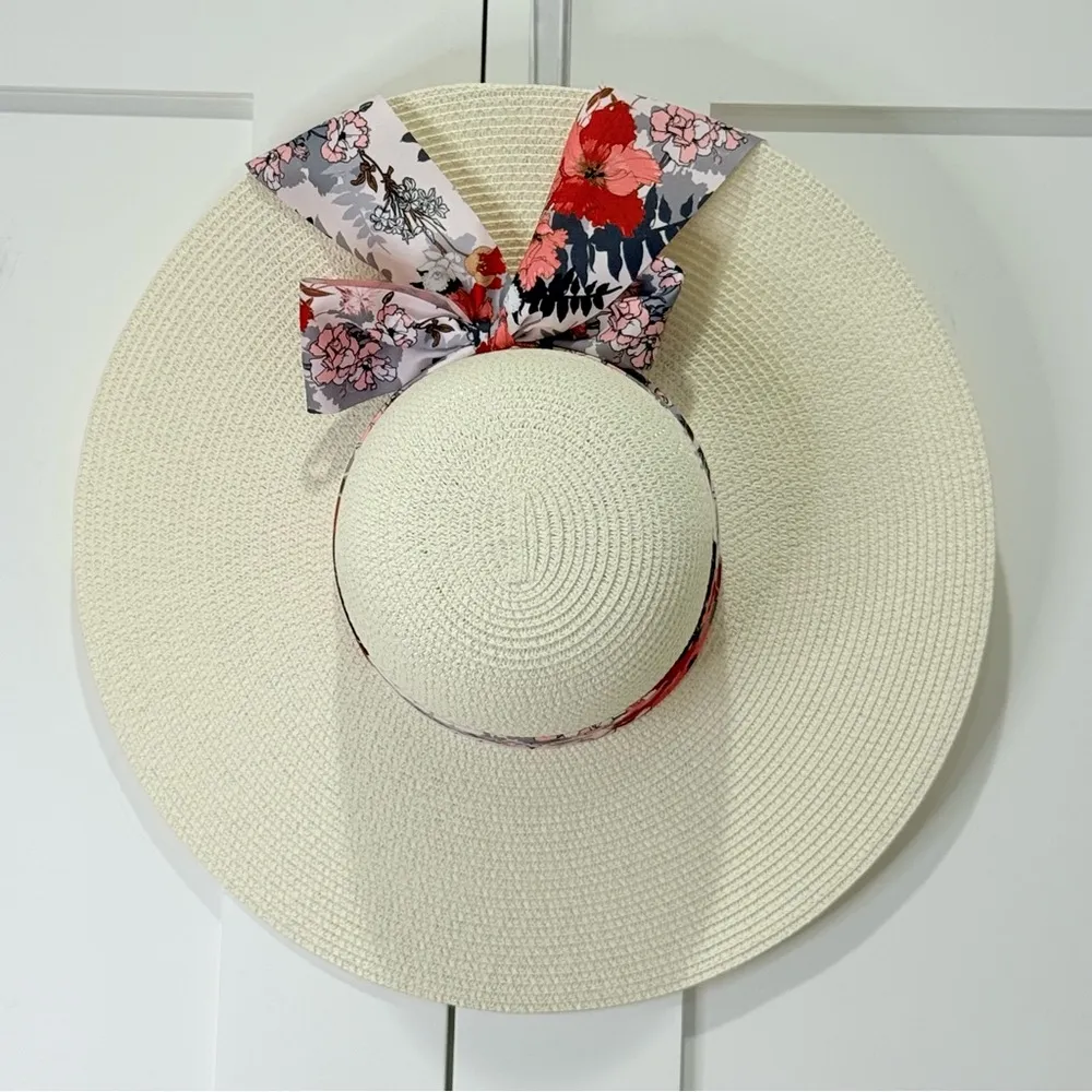 Straw Sun Hat Wide Brim Floral Bow 100% Grass Small Beachy Summer Chic Vacation Pink - Image 3