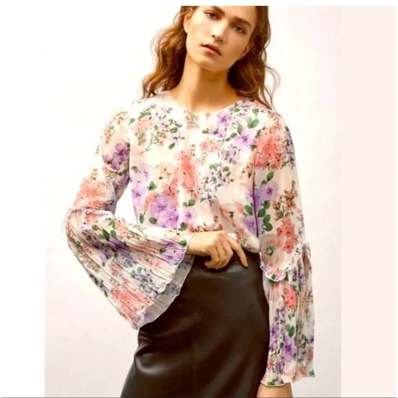 Massimo Dutti Floral Blouse Flutter Bell Sleeve Feminine Flowy Ruffle Sz. 6 NWT - Image 5
