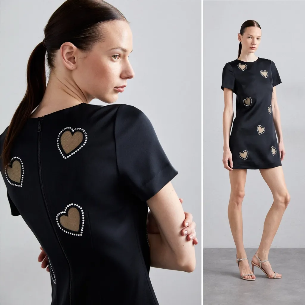 Alice + Olivia Clyde Crystal-Embellished Heart Shift Minidress Black Size 4 NWOT - Image 4
