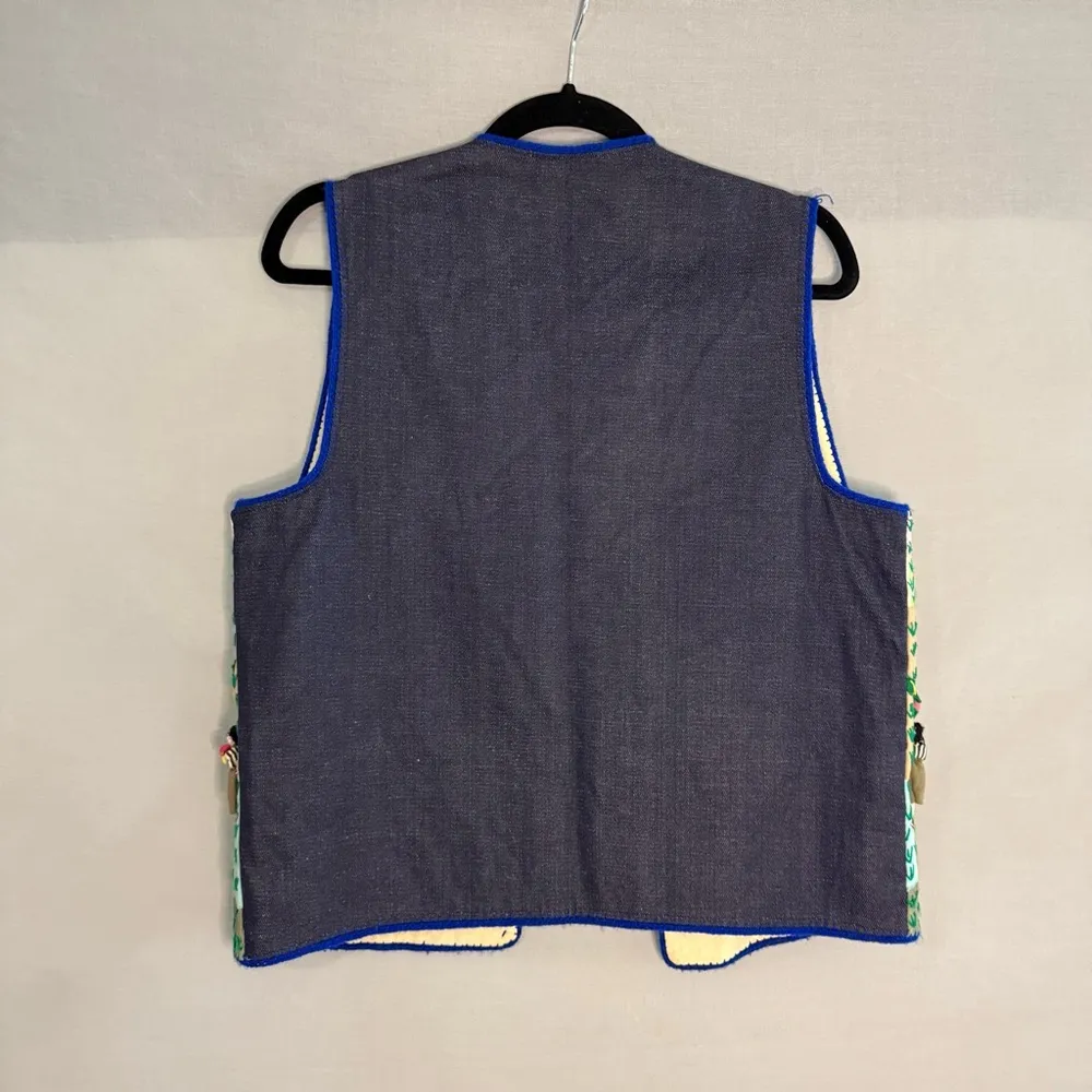 Handmade Folk Art Vest Arpillera Embroidery South America Vintage Peruvian Large Blue - Image 5