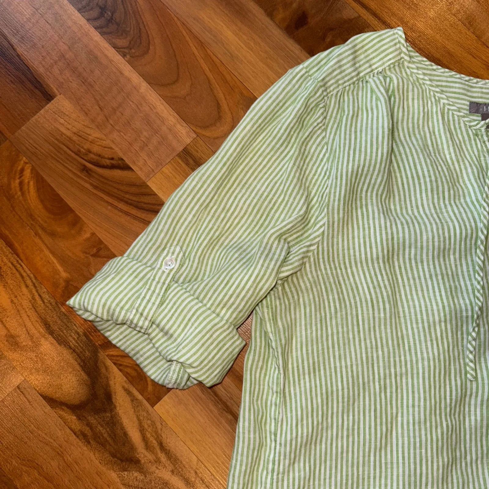 J Jill Linen Striped V Neck Roll Tab Sleeve Tunic Top Women's Medium linen vacay Green - Image 2