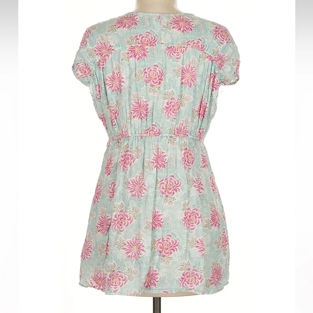 Vintage Free People Retro Pastel Floral Tie Front Cotton Blouse Pink Teal Size M - Image 4