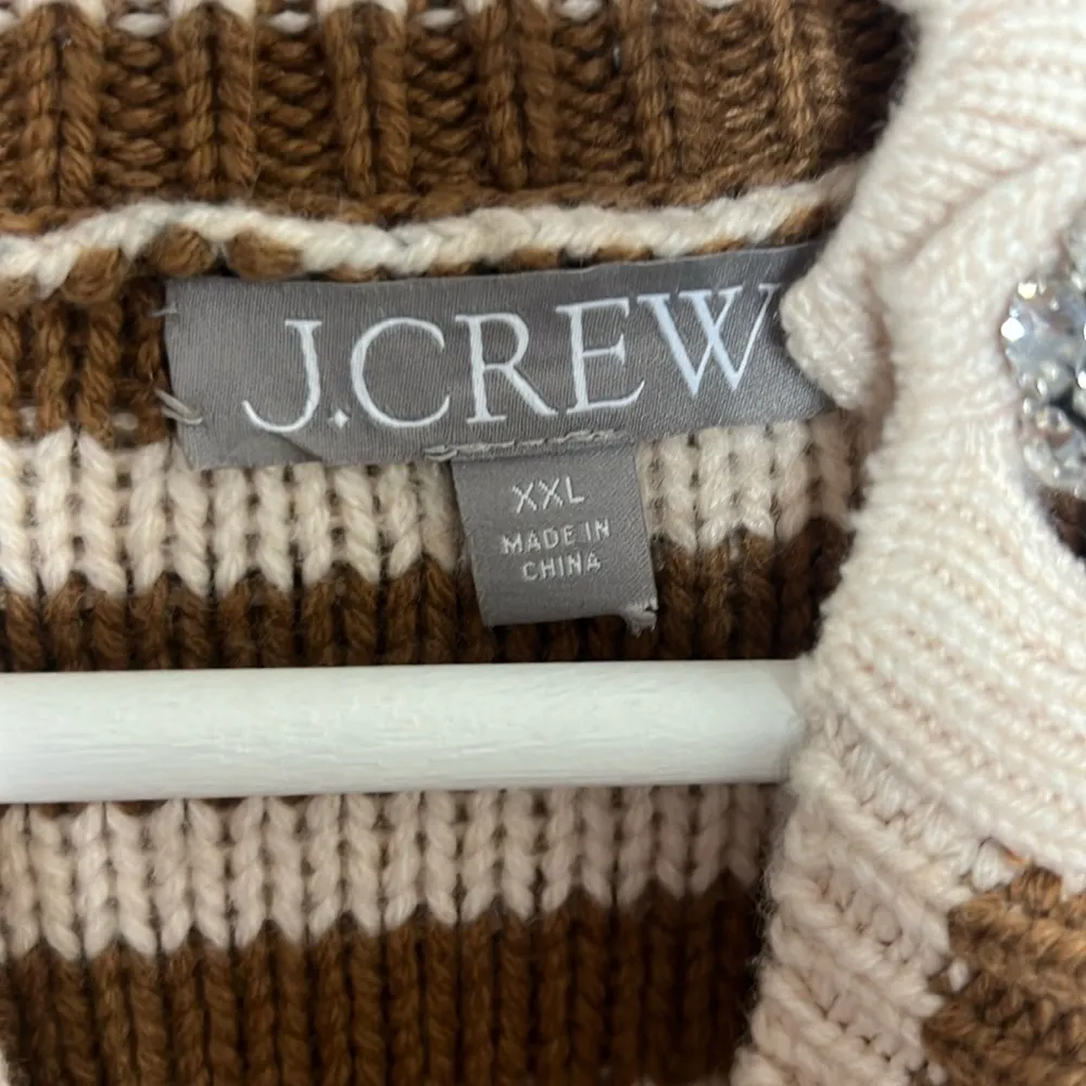 J.CREW CARAMEL NATURAL CABLE KNIT MOCKNECK STRIPE JEWEL BUTTONS SWEATER - Image 7