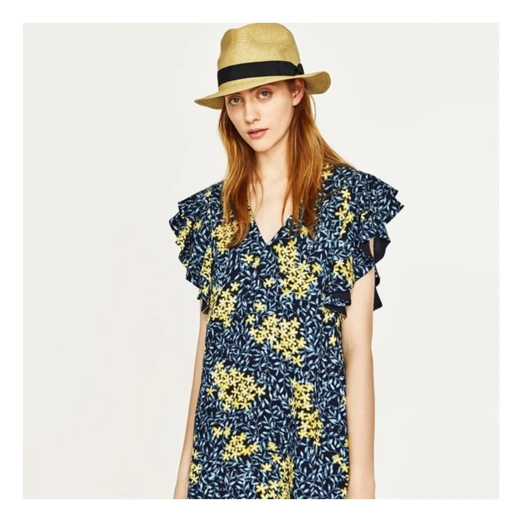 Zara Blue & Yellow Floral Ruffle Sleeve Crepe Mini Dress SMALL Preppy Prairie - Image 4