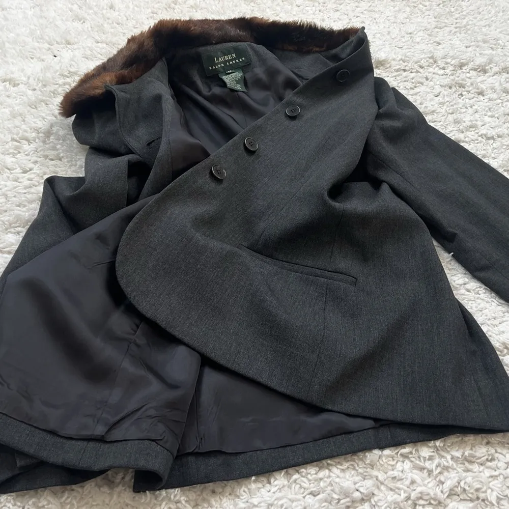 Lauren Ralph Lauren Vintage Wool Faux Fur Collar Blazer Jacket Gray Brown 12 - Image 6