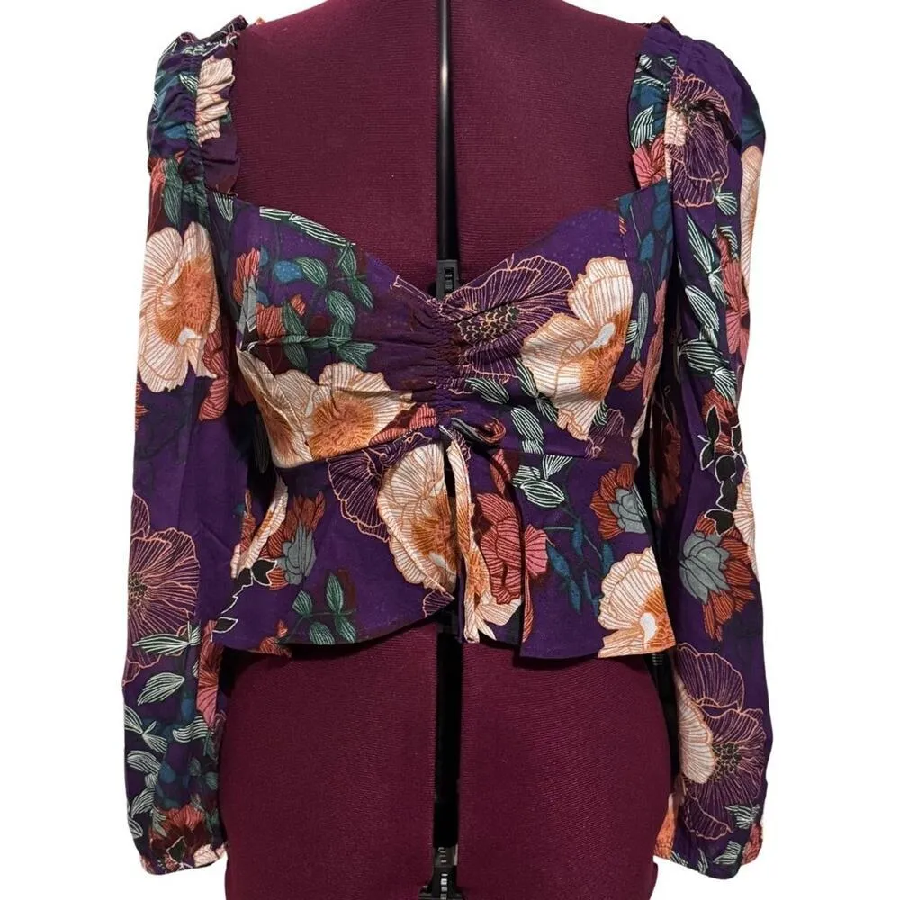 BAND OF THE FREE Floriane Pinch Front Puff Sleeve Cropped Top Floral NWT Medium - Image 2