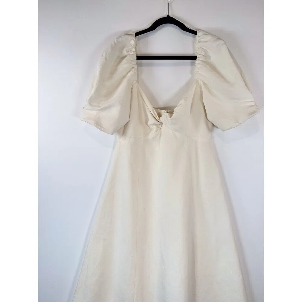 Zara Womens Dress White Midi Puffed V Neck Linen Short Sleeve A Line Flowy Large - Image 6