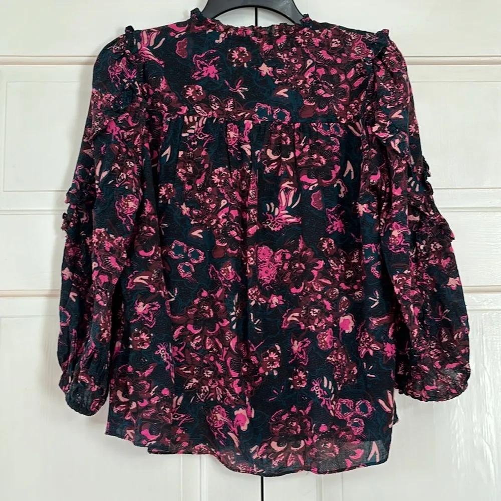 ULLA JOHNSON Rana Blouse Size 2 Midnight Floral Puff Sleeve Cotton Ruffles - Image 11