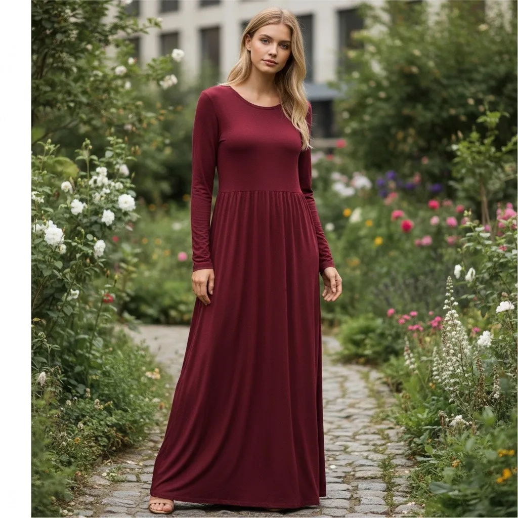 Bishuige Maxi Dress 2XL Burgundy Pockets Minimalist Lagenlook Casual Modest Boho Red Size XXL - Image 2