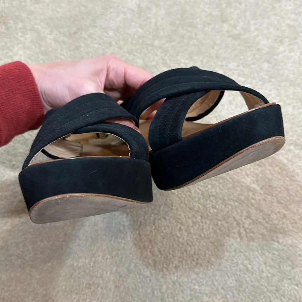 J Crew Black Marcie Sandals Black Suede Criss Cross Platform Wedge Slingback 9.5 - Image 6