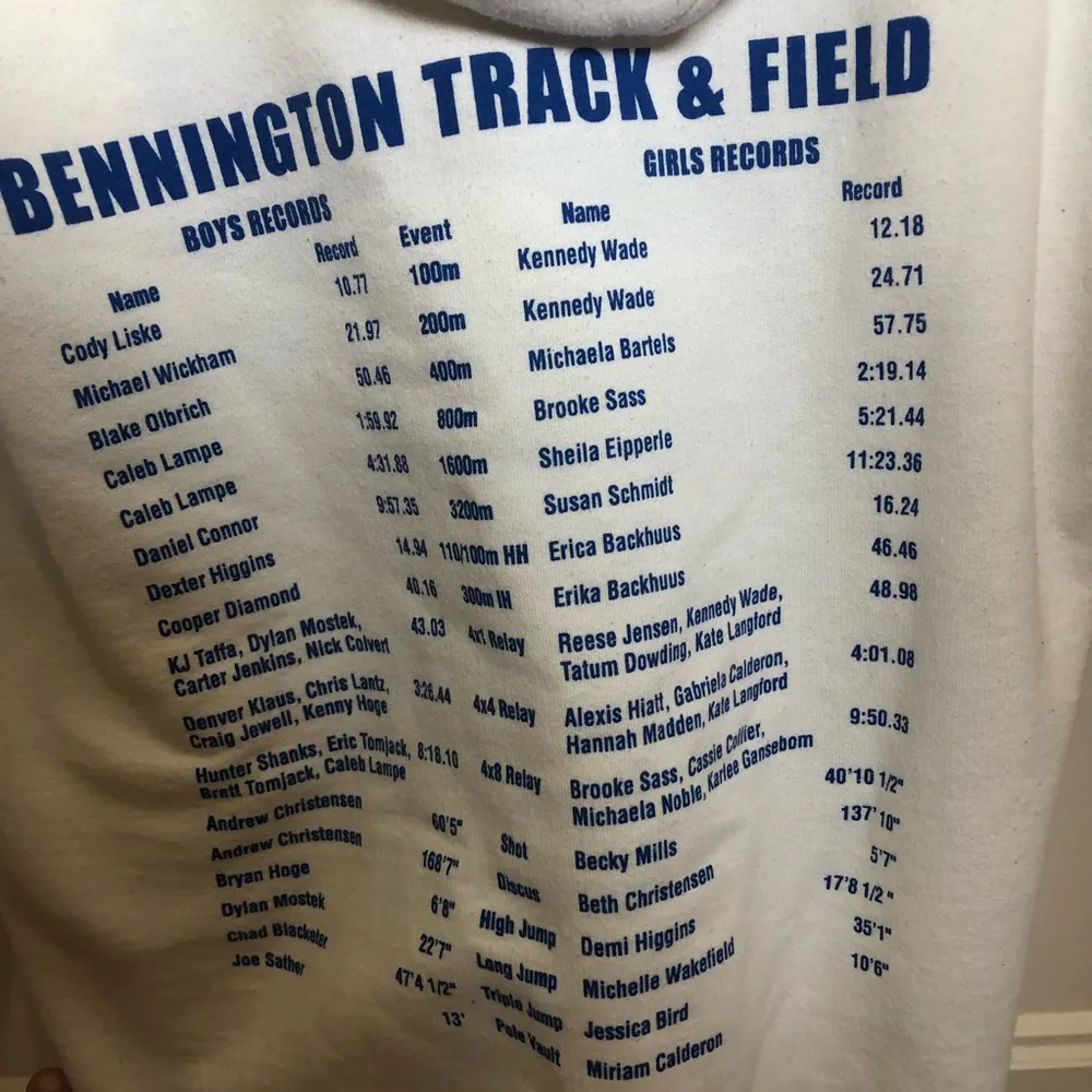 White Hoodie Bennington Badgers Track & Field Design unisex size small - Image 5