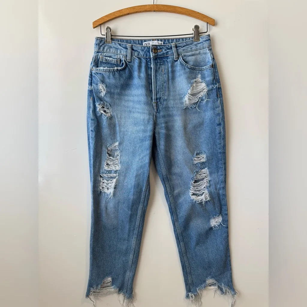 ZARA High Rise‎ Straight Mom Fit Ripped Distressed Mom Jeans Size 6 - Image 3