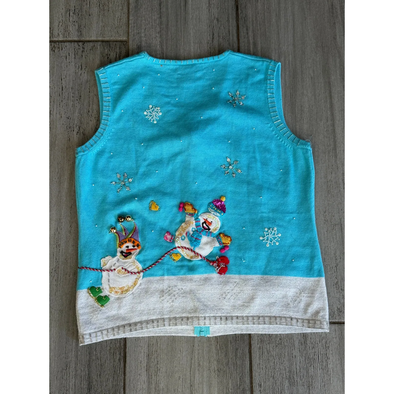 Vintage Berek Ugly Christmas Sweater Vest Small Snowman Embroidered Jingle Bells Blue - Image 5