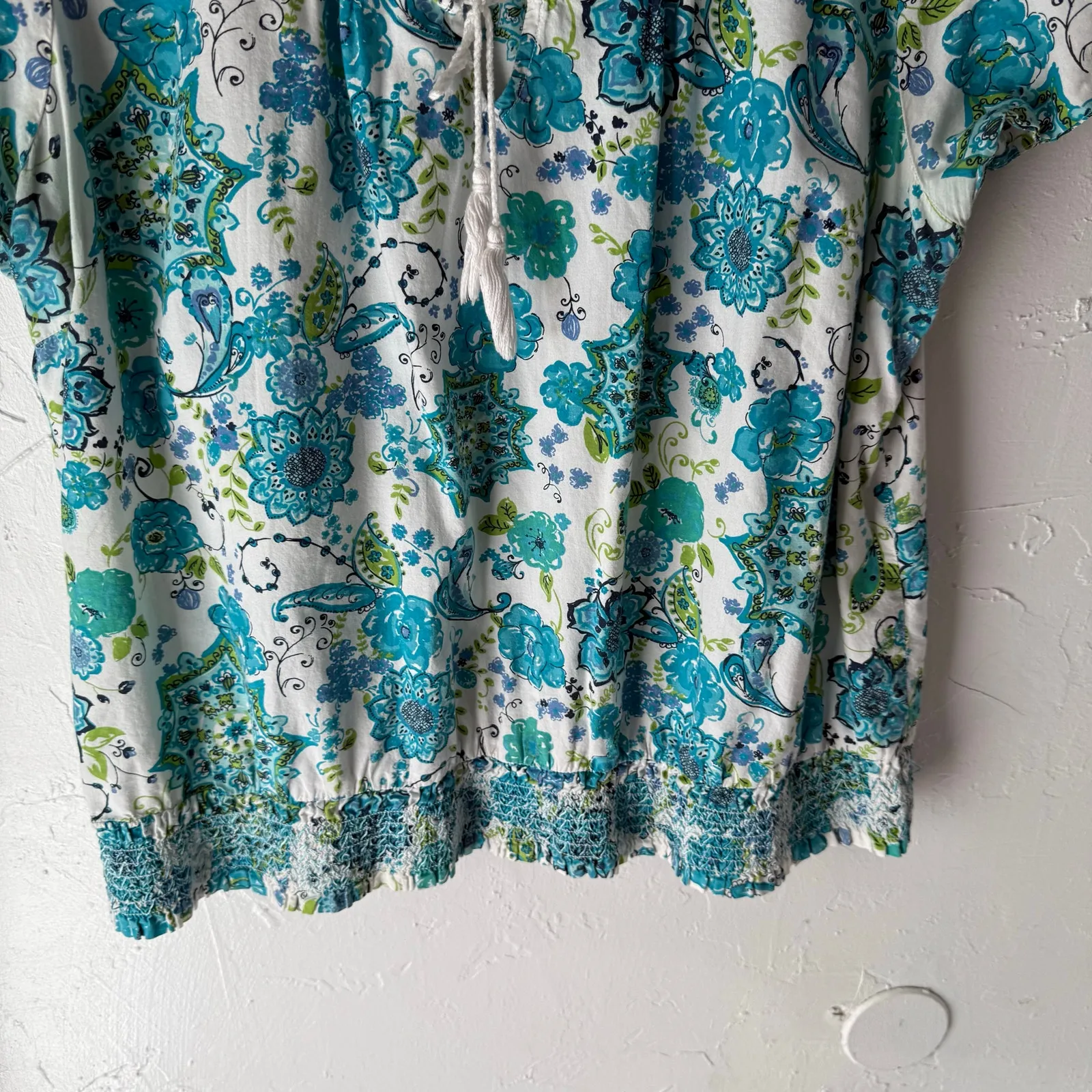 Fashion Bug‎ Size XL Cotton Blue Green Floral Short Sleeve Blouse - Image 3