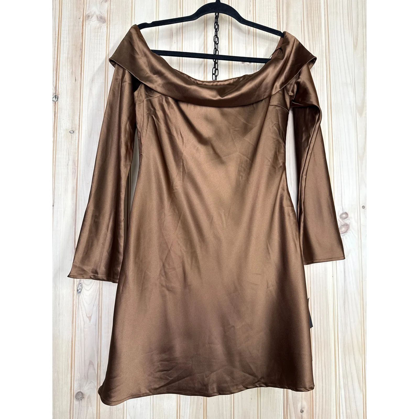 NWT Lulus Luxurious Vision Brown Satin Off-the-Shoulder Mini Dress Party Size L - Image 2