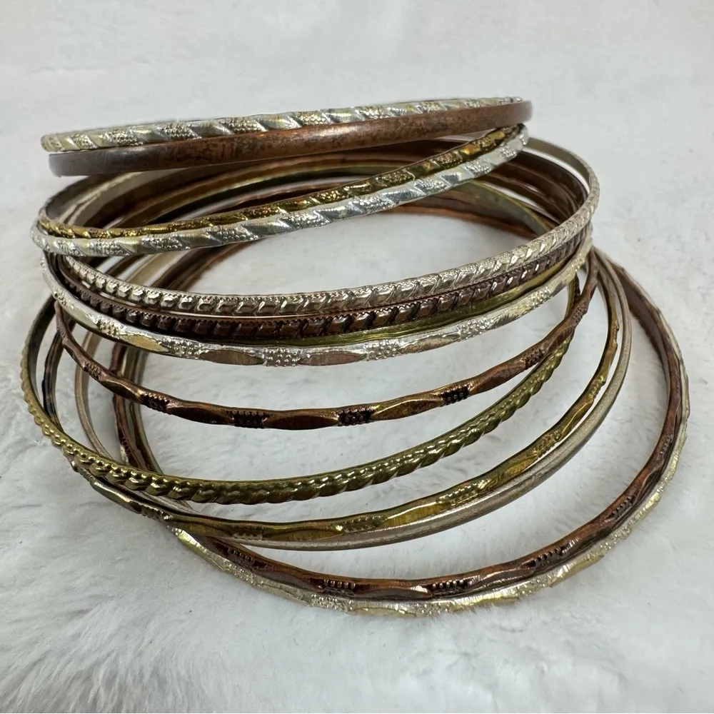 Vintage Set of 15 Stacking Bracelets Silver Gold Copper Tones - Image 5