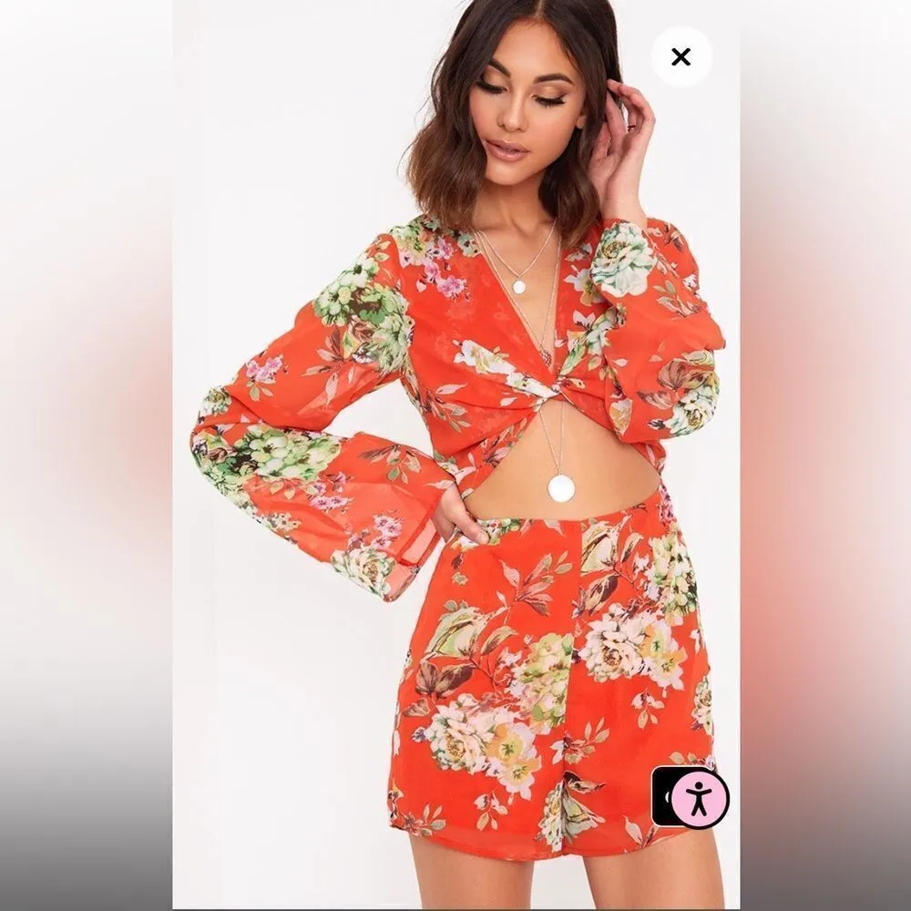 PrettyLittleThing Jaiden orange flower print bell sleeve romper size 12 - Image 2