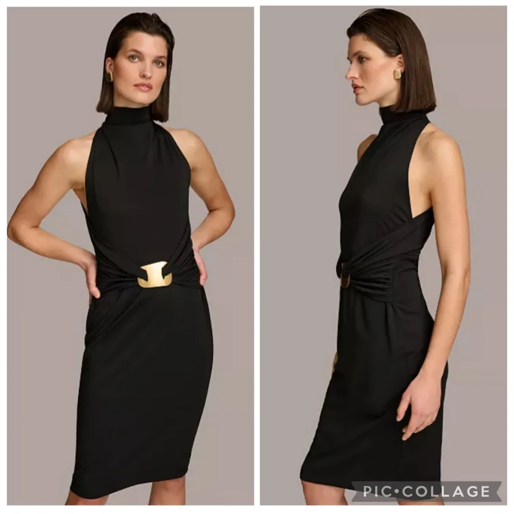 Donna Karan Mock Neck Jersey Buckle Wrap Waist Dress Black 16 - Image 2