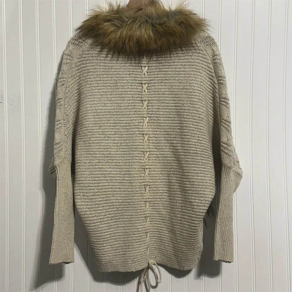 a.gain S/M Faux Fur Collar‎ Wool Knit Cardigan Mob Wife Lace Up Dolman Sweater - Image 3