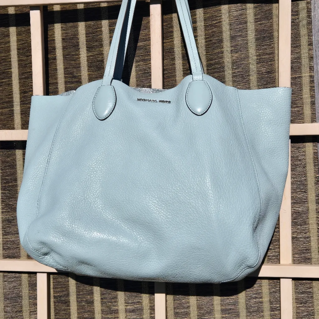Michael Kors Light Blue/Silver Leather Tote Damaged Handles - Image 2