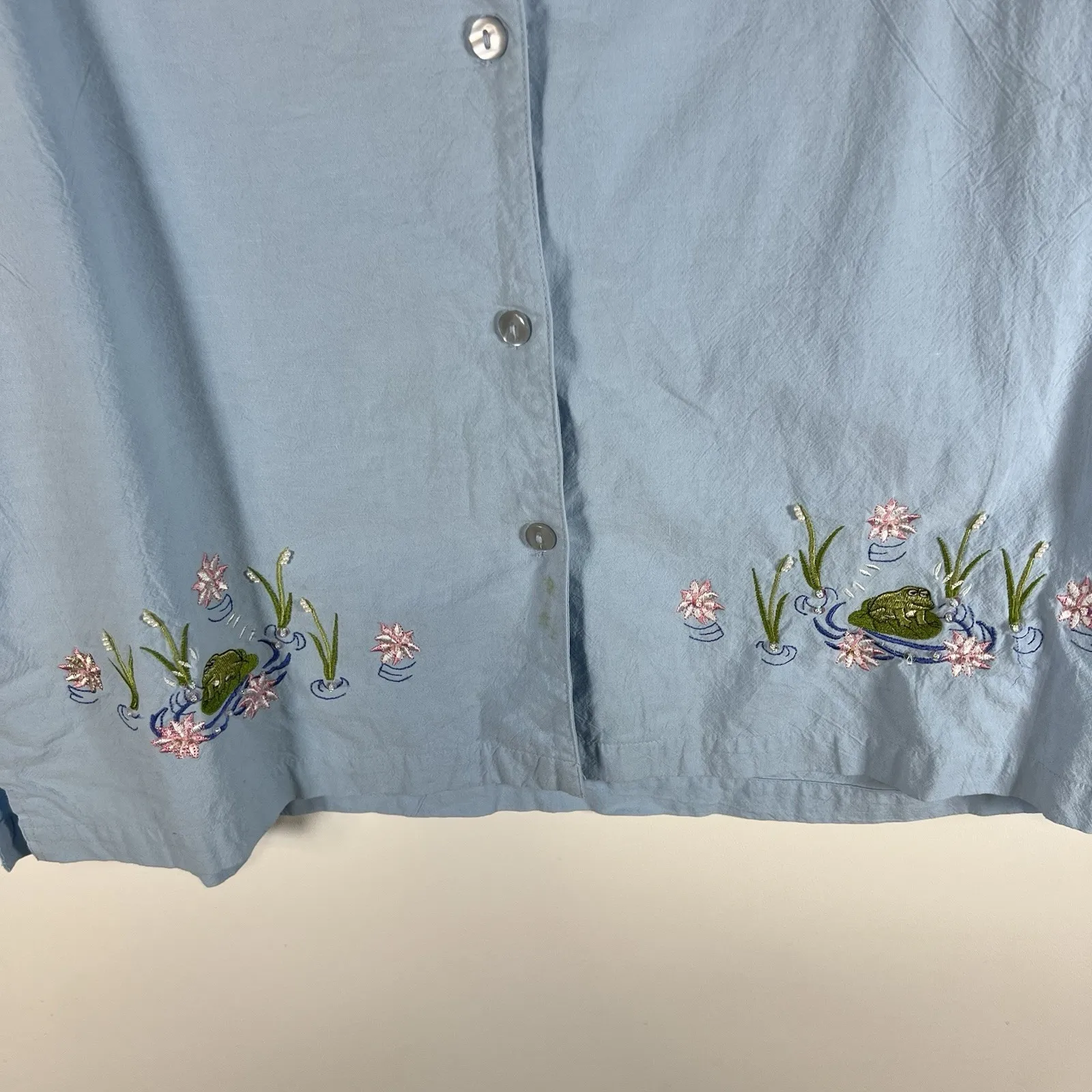 Jane Ashley Blue Floral Frogs Embroidered Y2k 90s Top Button Up XL Shirt Sequins - Image 3