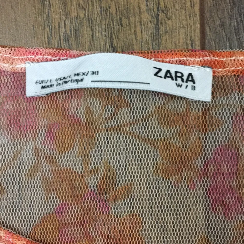 Zara Mesh Tulle Sheer Floral Ruched Long Sleeve Coral/Orange Top - Image 2