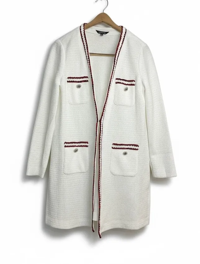 MISOOK White Textured Open Front Cardigan Jacket Womens Size M Red Trim Pockets - Image 1