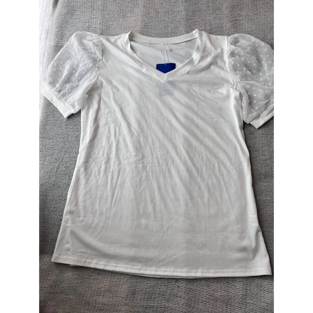 V Neck Short Sleeve Puff Sleeve White Blouse‎ Womans L Casual Loose Shirts Size L - Image 4
