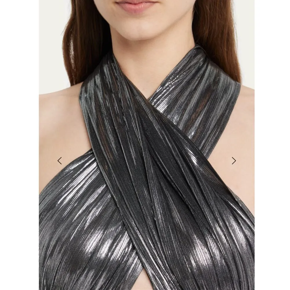 BRONX AND BANCO Metallic Dress Florence Halterneck Gown Cutout Gunmetal Gray 10 - Image 3