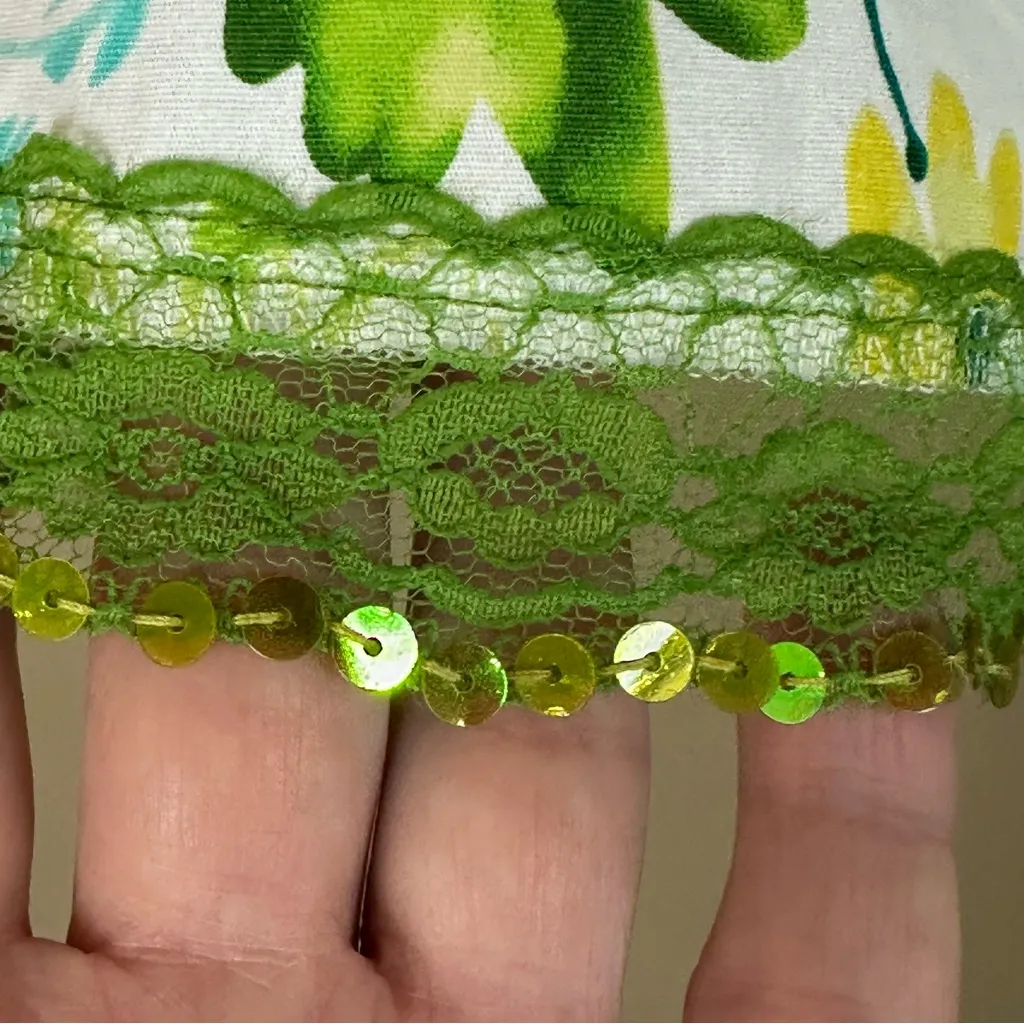 Y2K Body Central Green Yellow Floral Ribbon Tie Waist Sequin Lace Trim Skirt M - Image 5
