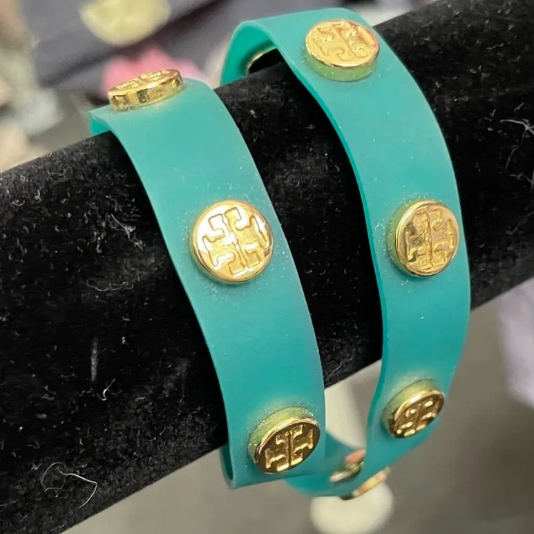 Tory Burch Logo Studded Jelly Wrap  
Turquoise Bracelet - Image 8