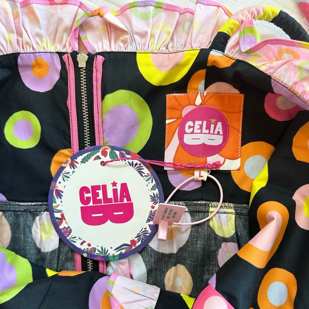 CeliaB Dalia Colorful Polka Dot Tiered Midi Dress with Ruffles NWT Black Size L - Image 4