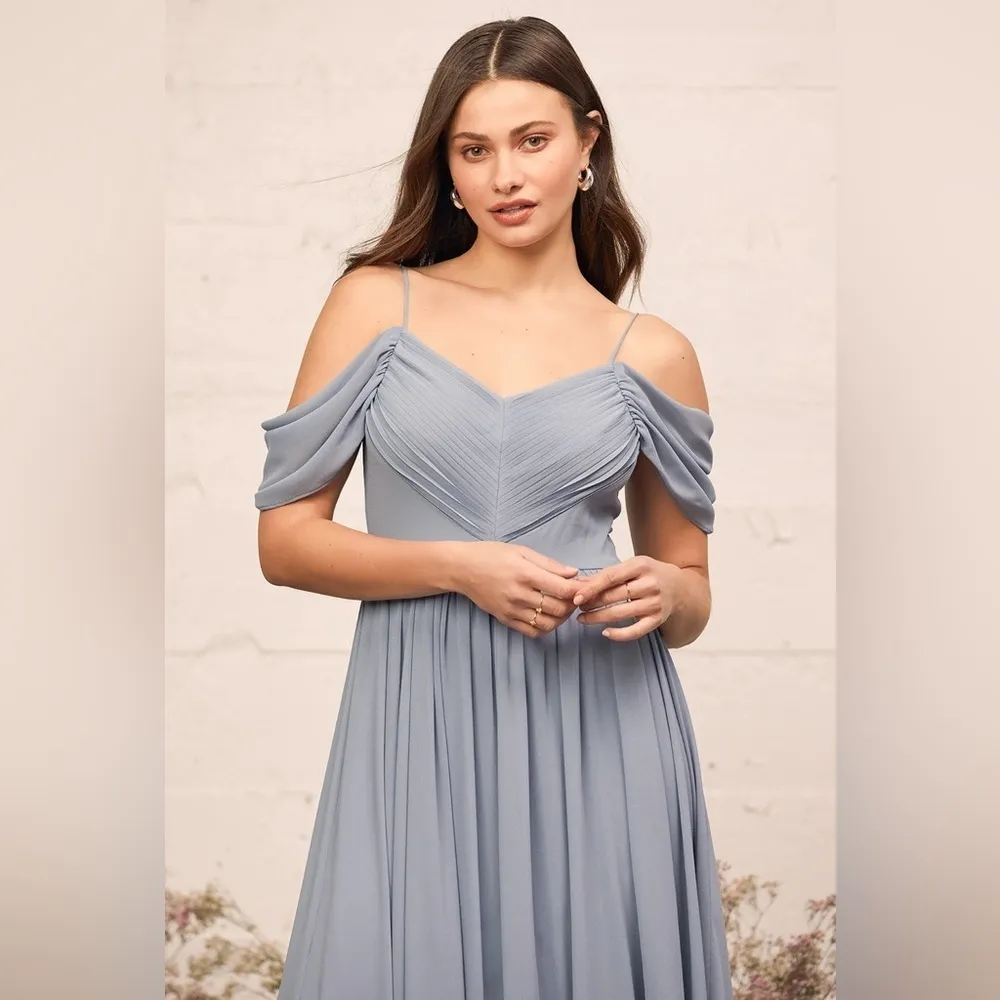 Lulus Lost In The Romance Gown Chiffon Dress Slate Blue Small - Image 2