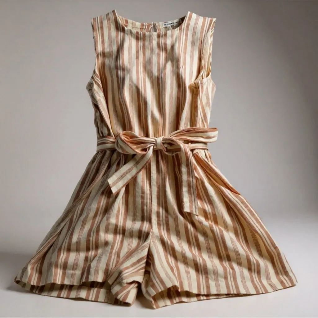 Striped Beige and White Jumpsuit Brown Size L - Image 2