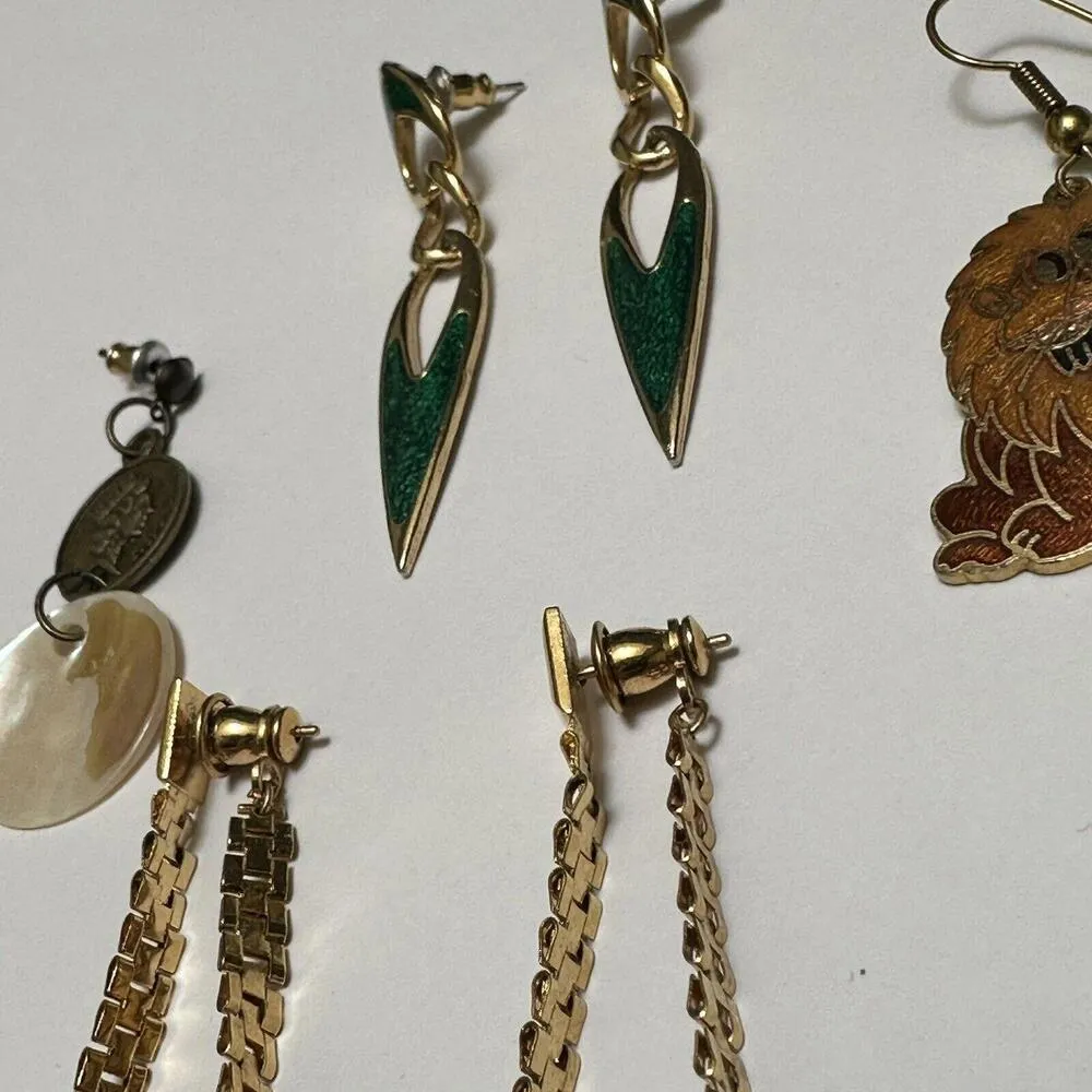 Lot Of 4 Dangle Drop Pierced Earrings Metal / Bead Mix 1 Cloisonné Enamel Lion Gold - Image 7